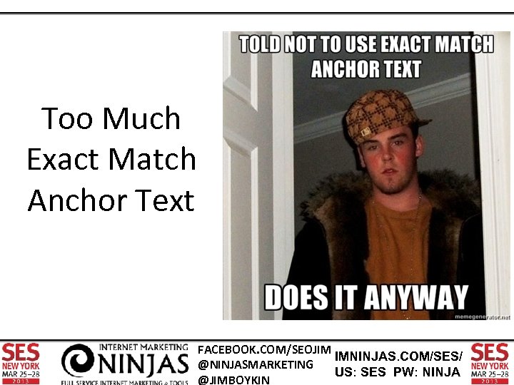 Too Much Exact Match Anchor Text FACEBOOK. COM/SEOJIM IMNINJAS. COM/SES/ @NINJASMARKETING US: SES PW: