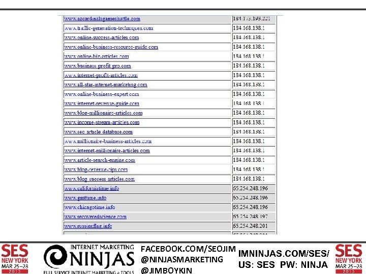 FACEBOOK. COM/SEOJIM IMNINJAS. COM/SES/ @NINJASMARKETING US: SES PW: NINJA @JIMBOYKIN 