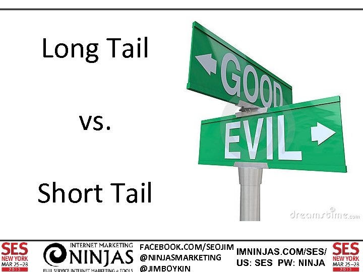 Long Tail vs. Short Tail FACEBOOK. COM/SEOJIM IMNINJAS. COM/SES/ @NINJASMARKETING US: SES PW: NINJA