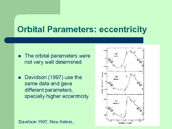 Orbital Parameters: eccentricity l The orbital parameters were not very well determined l Davidson