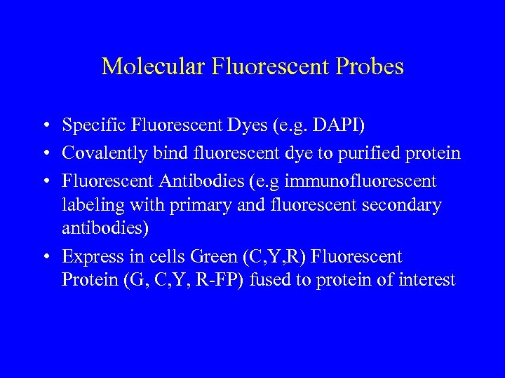 Molecular Fluorescent Probes • Specific Fluorescent Dyes (e. g. DAPI) • Covalently bind fluorescent