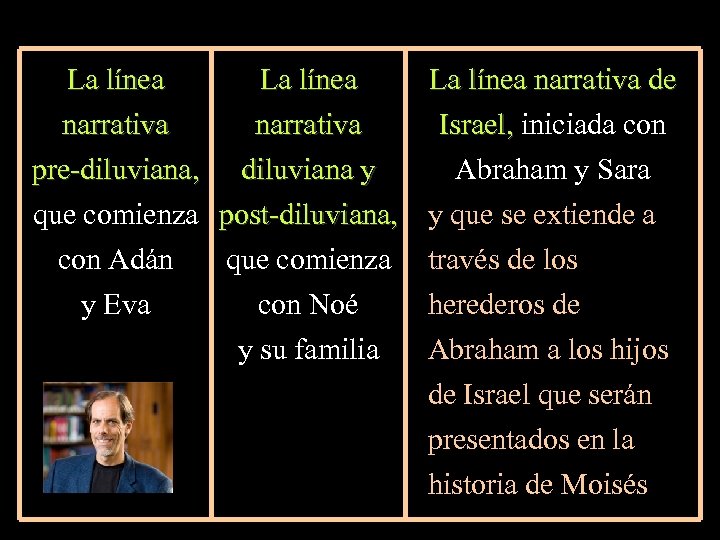 La línea narrativa pre-diluviana, La línea narrativa diluviana y La línea narrativa de Israel,