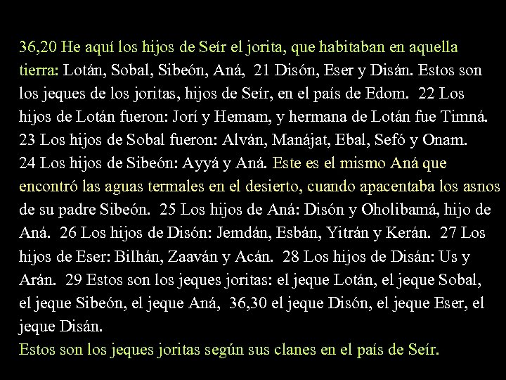 36, 20 He aquí los hijos de Seír el jorita, que habitaban en aquella