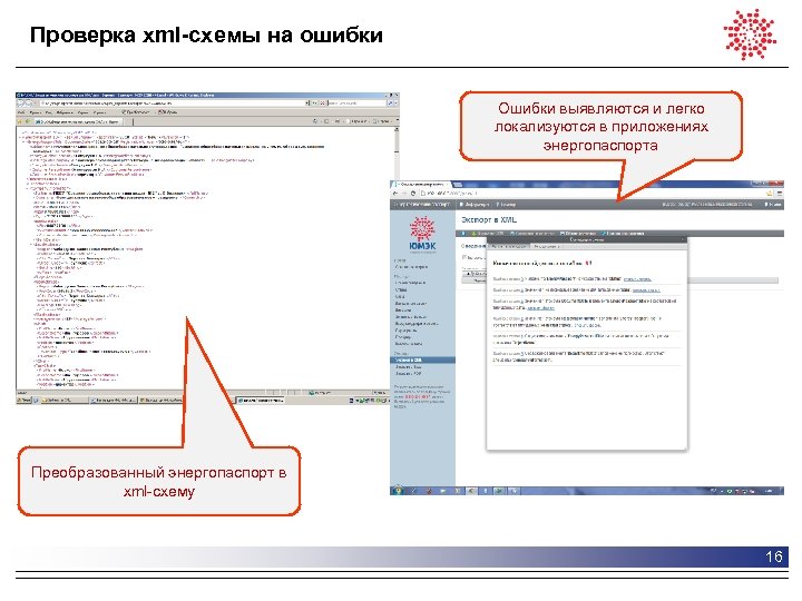 Проверка xml-схемы на ошибки Ошибки выявляются и легко локализуются в приложениях энергопаспорта Преобразованный энергопаспорт