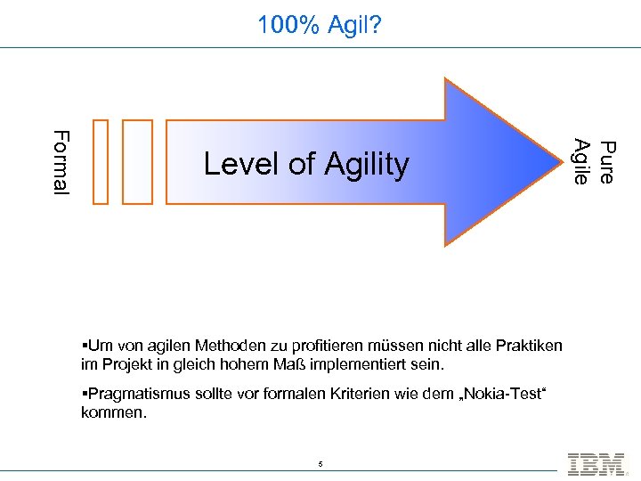 100% Agil? §Um von agilen Methoden zu profitieren müssen nicht alle Praktiken im Projekt