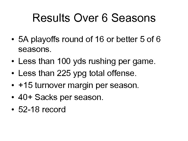 Results Over 6 Seasons • 5 A playoffs round of 16 or better 5