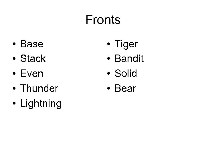 Fronts • • • Base Stack Even Thunder Lightning • • Tiger Bandit Solid
