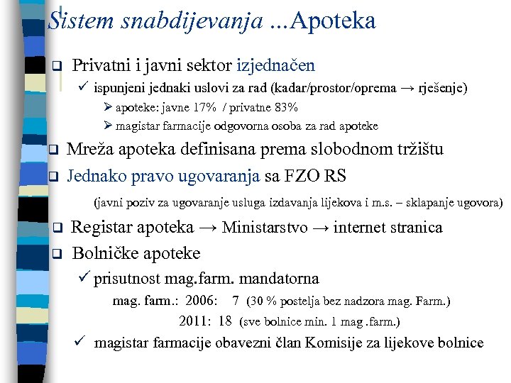 Sistem snabdijevanja. . . Apoteka q Privatni i javni sektor izjednačen ü ispunjeni jednaki