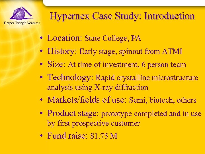Hypernex Case Study: Introduction • • Location: State College, PA History: Early stage, spinout