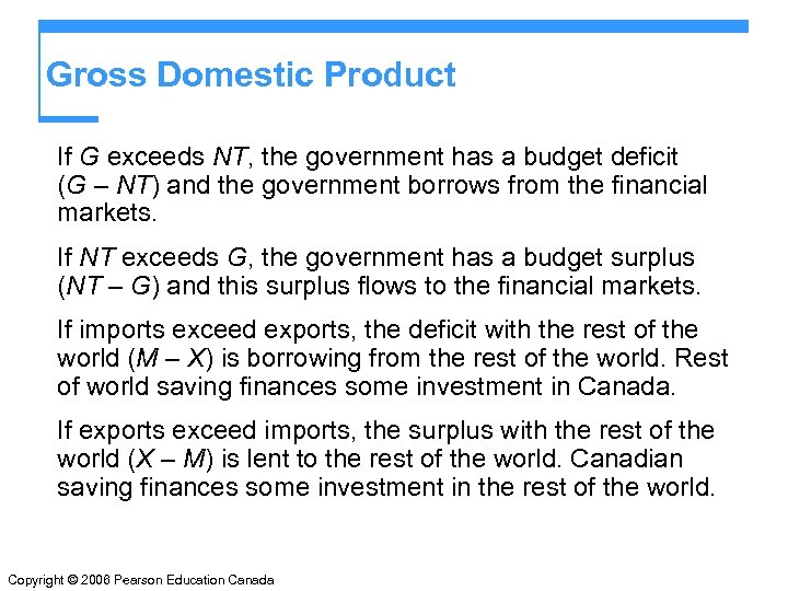 Gross Domestic Product If G exceeds NT, the government has a budget deficit (G