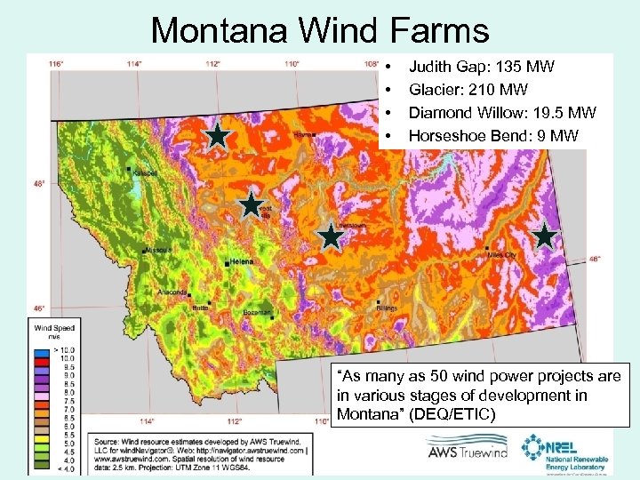 Montana Wind Farms • • Judith Gap: 135 MW Glacier: 210 MW Diamond Willow: