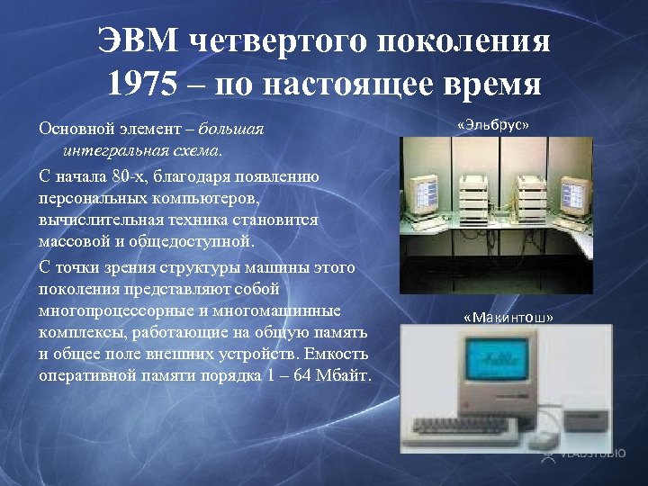 ЭВМ четвертого поколения 1975 – по настоящее время Основной элемент – большая интегральная схема.