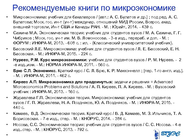 Рекомендуемые книги по микроэкономике • • • Микроэкономика: учебник для бакалавров / [авт. :