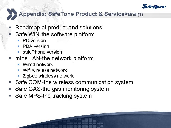 Appendix: Safe. Tone Product & Service>Brief(1) § Roadmap of product and solutions § Safe