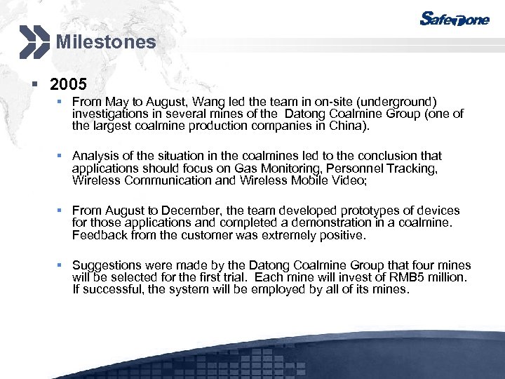 Milestones § 2005 § From May to August, Wang led the team in on-site