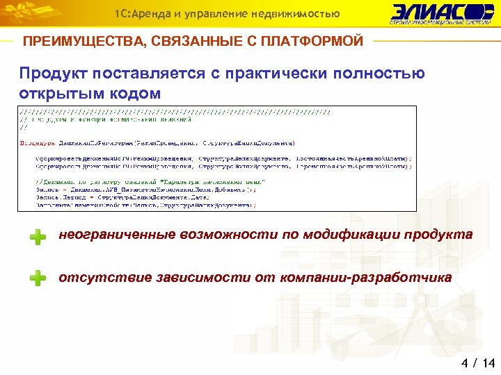1 С: Аренда и управление недвижимостью ПРЕИМУЩЕСТВА, СВЯЗАННЫЕ С ПЛАТФОРМОЙ Продукт поставляется с практически