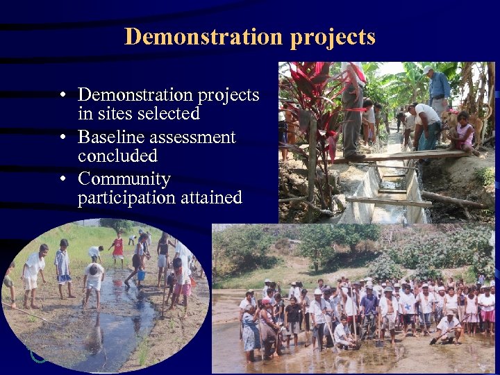 Demonstration projects • Demonstration projects in sites selected • Baseline assessment concluded • Community