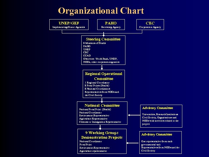 Organizational Chart UNEP/GEF PAHO CEC Implementing/Donor Agencies Executing Agency Cooperation Agency Steering Committee 8