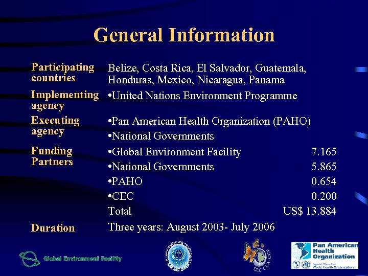 General Information Participating countries Implementing agency Executing agency Funding Partners Duration Belize, Costa Rica,