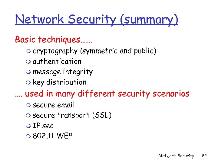 Network Security (summary) Basic techniques…. . . m cryptography (symmetric and public) m authentication