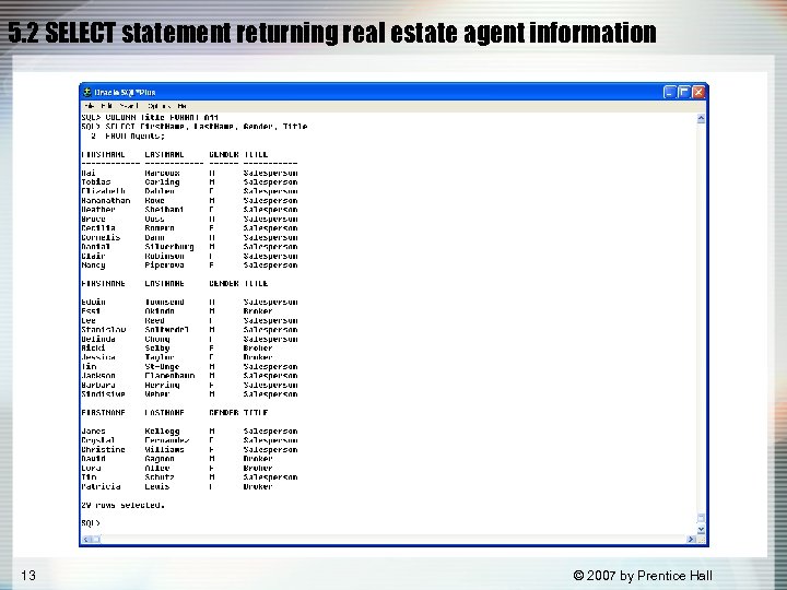 5. 2 SELECT statement returning real estate agent information 13 © 2007 by Prentice