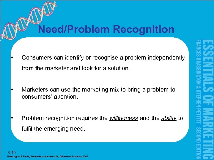 Need/Problem Recognition • Consumers can identify or recognise a problem independently from the marketer