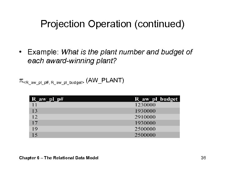 Projection Operation (continued) • Example: What is the plant number and budget of each