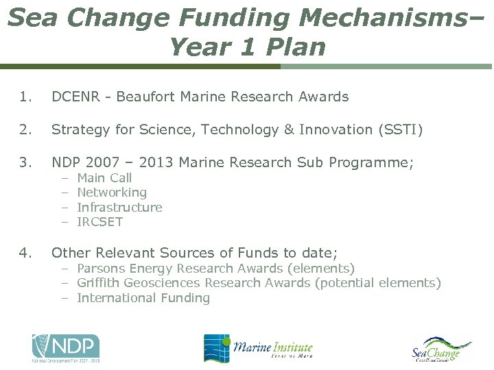 Sea Change Funding Mechanisms– Year 1 Plan 1. DCENR - Beaufort Marine Research Awards