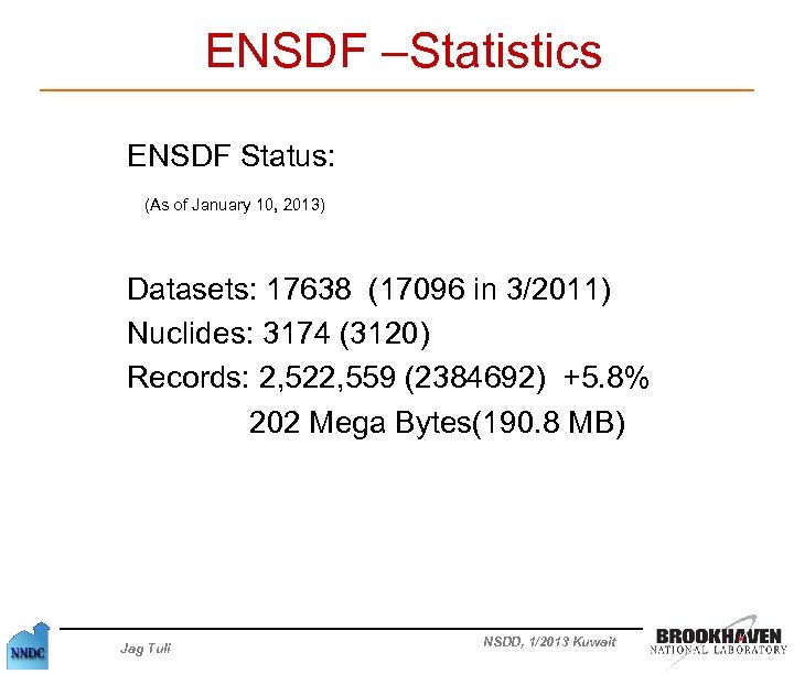 ENSDF –Statistics ENSDF Status: (As of January 10, 2013) Datasets: 17638 (17096 in 3/2011)