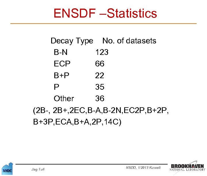 ENSDF –Statistics Decay Type No. of datasets B-N 123 ECP 66 B+P 22 P