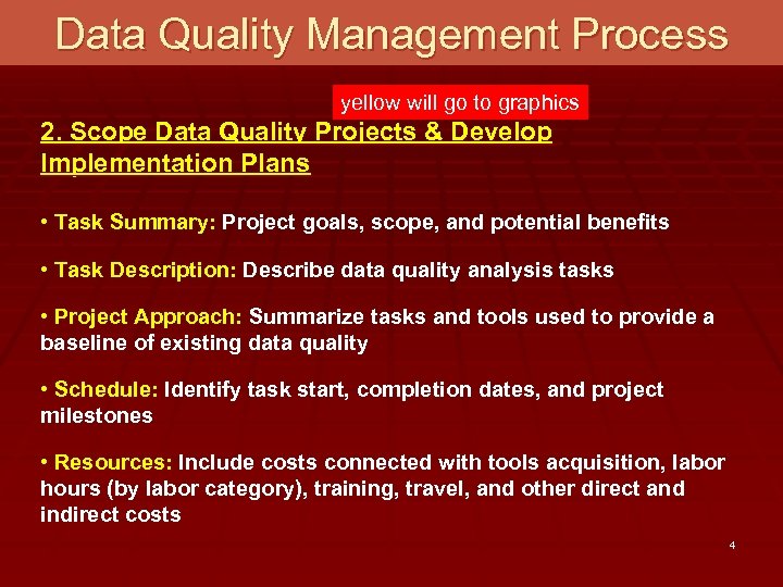 Data Quality Management Process yellow will go to graphics 2. Scope Data Quality Projects