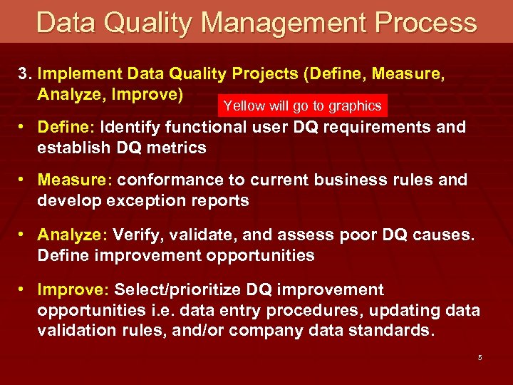 Data Quality Management Process 3. Implement Data Quality Projects (Define, Measure, Analyze, Improve) Yellow