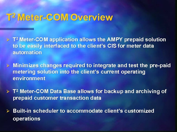 T 2 Meter-COM Overview Ø T 2 Meter-COM application allows the AMPY prepaid solution