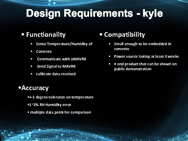 Design Requirements - kyle • Functionality • Sense Temperature/Humidity of • Concrete • Communicate