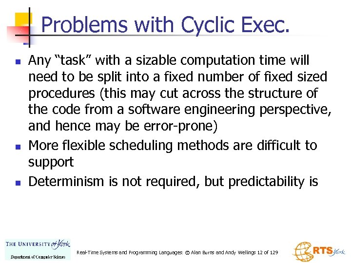 Problems with Cyclic Exec. n n n Any “task” with a sizable computation time