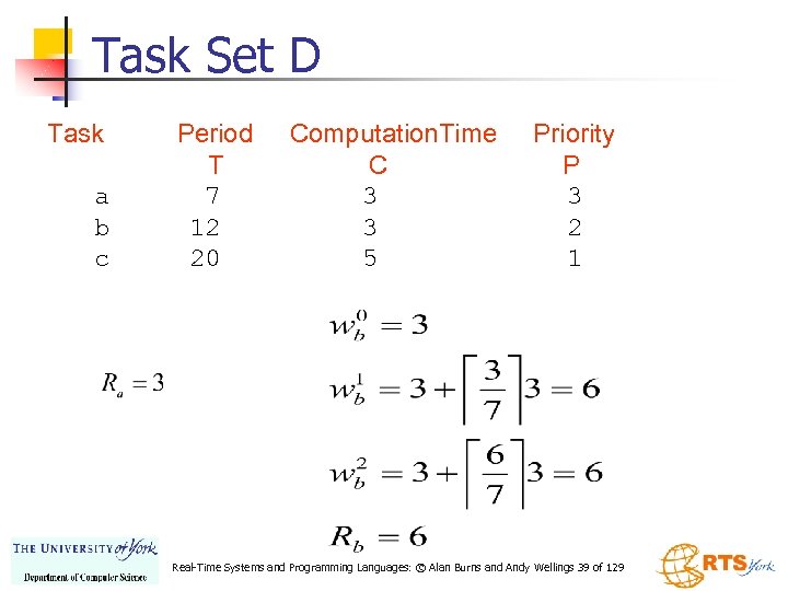 Task Set D Task a b c Period T 7 12 20 Computation. Time
