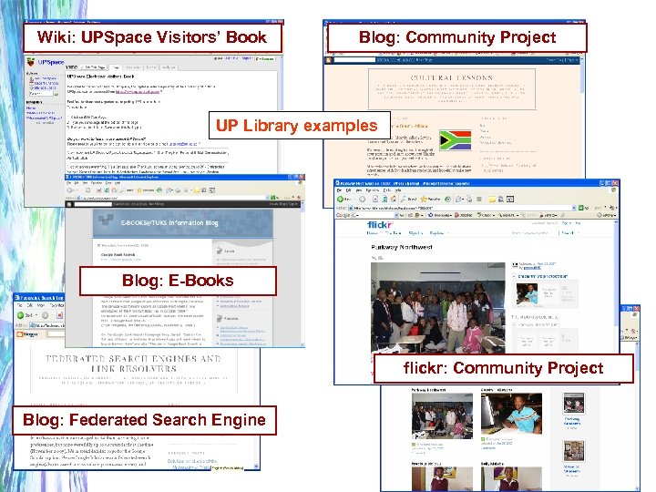 Wiki: UPSpace Visitors’ Book Blog: Community Project UP Library examples Blog: E-Books flickr: Community