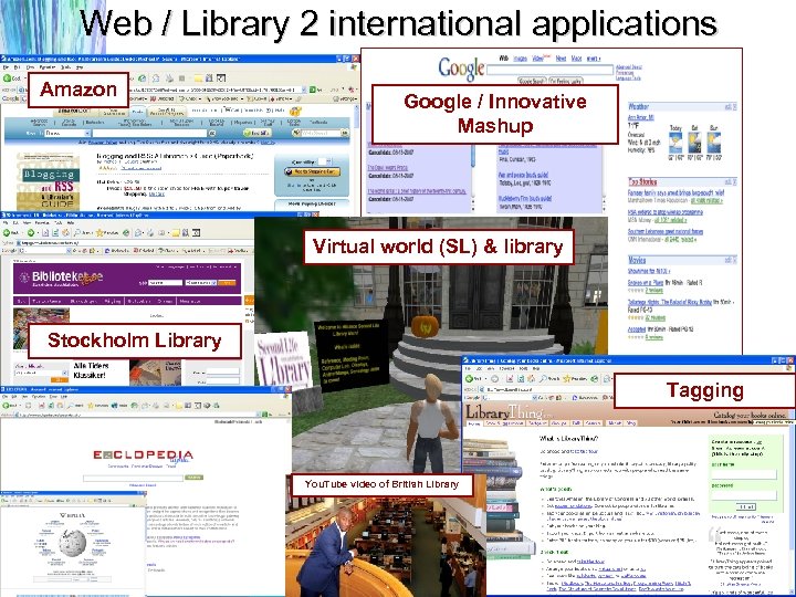 Web / Library 2 international applications Amazon Google / Innovative Mashup Virtual world (SL)