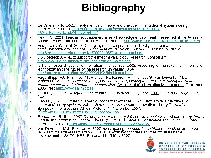 Bibliography • • • De Villiers, M. R. 2002. The dynamics of theory and