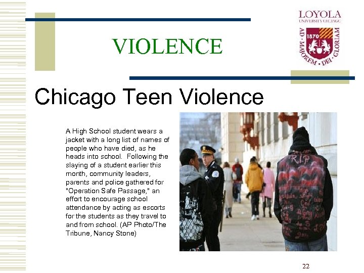 VIOLENCE Chicago Teen Violence A High School student wears a jacket with a long