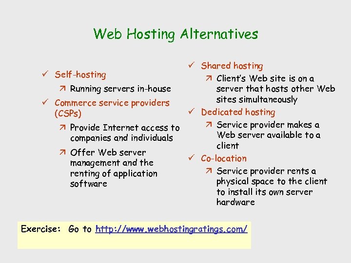 Web Hosting Alternatives ü Shared hosting ü Self-hosting ä Client’s Web site is on