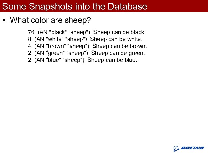 Some Snapshots into the Database § What color are sheep? 76 (AN 
