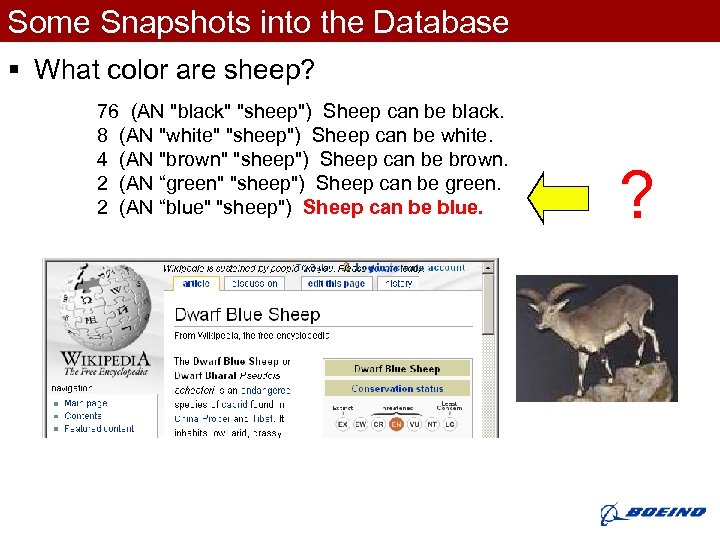 Some Snapshots into the Database § What color are sheep? 76 (AN 