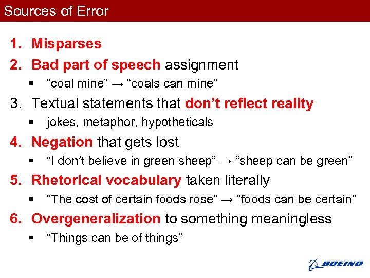 Sources of Error 1. Misparses 2. Bad part of speech assignment § “coal mine”