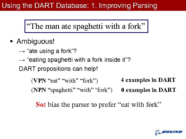 Using the DART Database: 1. Improving Parsing “The man ate spaghetti with a fork”