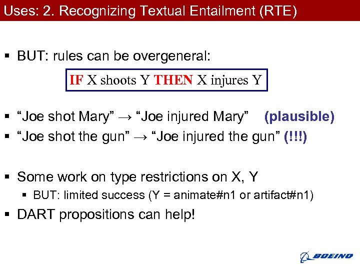 Uses: 2. Recognizing Textual Entailment (RTE) § BUT: rules can be overgeneral: IF X