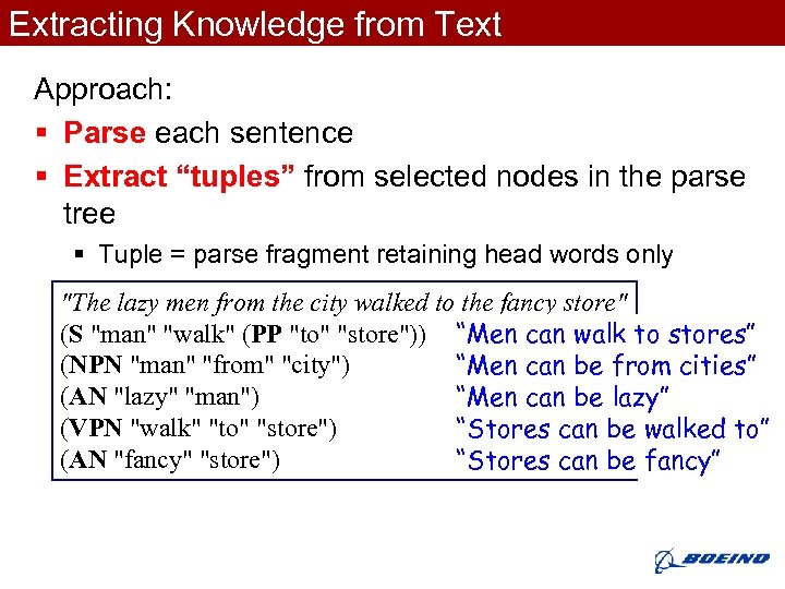 Extracting Knowledge from Text Approach: § Parse each sentence § Extract “tuples” from selected
