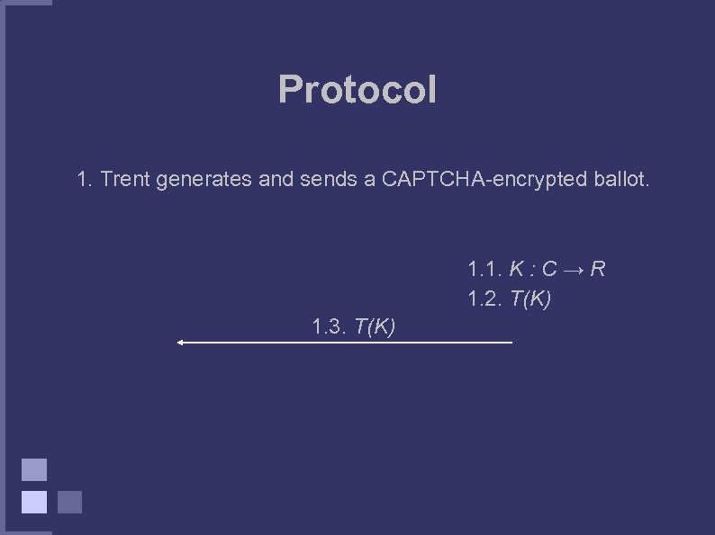 Protocol 1. Trent generates and sends a CAPTCHA-encrypted ballot. 1. 1. K : C