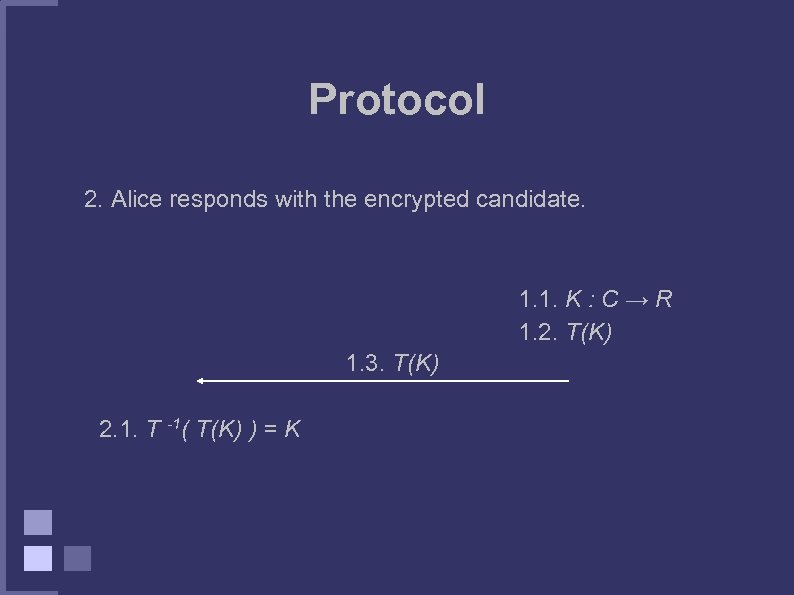 Protocol 2. Alice responds with the encrypted candidate. 1. 1. K : C →