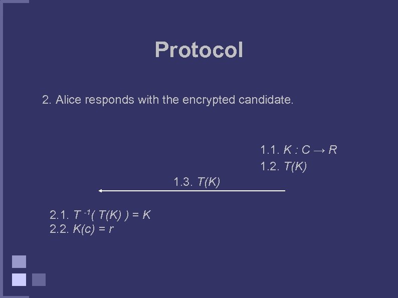 Protocol 2. Alice responds with the encrypted candidate. 1. 1. K : C →